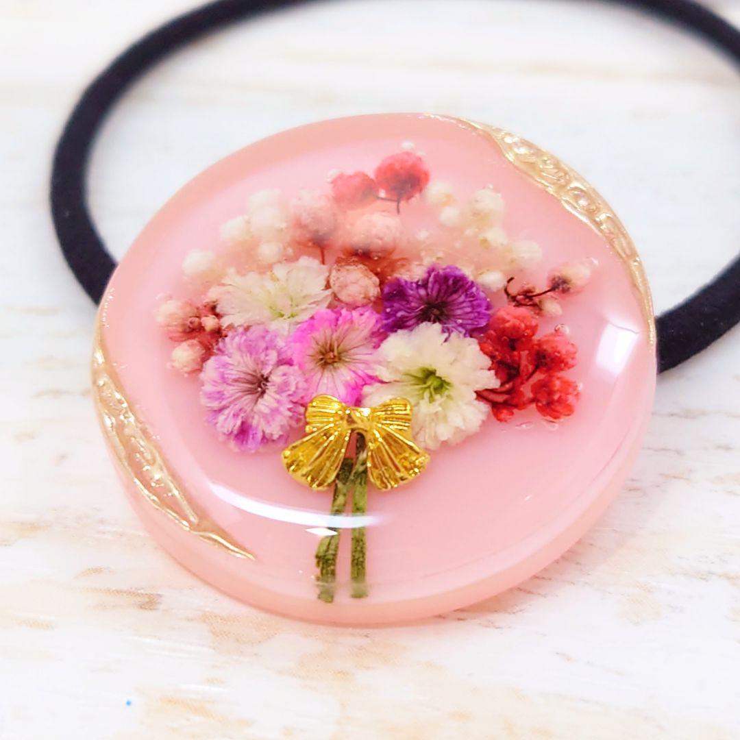 かすみ草の花束ヘアゴム❁ピンク ハンドメイド レジン リボン ニュアンス お花