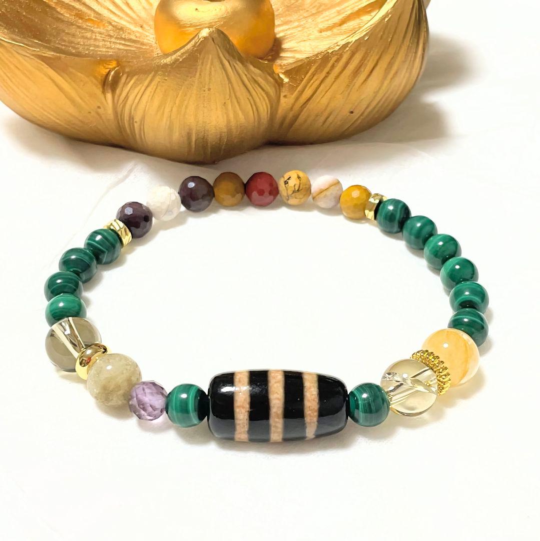 【三線天珠】細身ブレス 天珠 天然石 お守り マラカイト ライモナイト