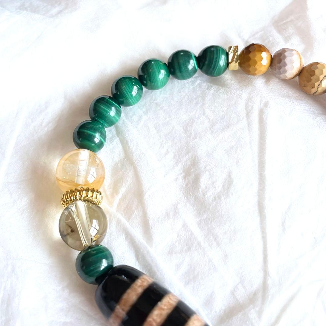 【三線天珠】細身ブレス 天珠 天然石 お守り マラカイト ライモナイト