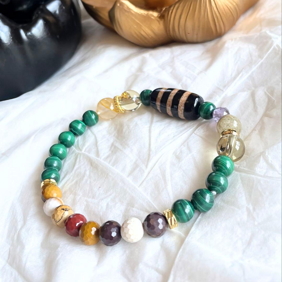 【三線天珠】細身ブレス 天珠 天然石 お守り マラカイト ライモナイト