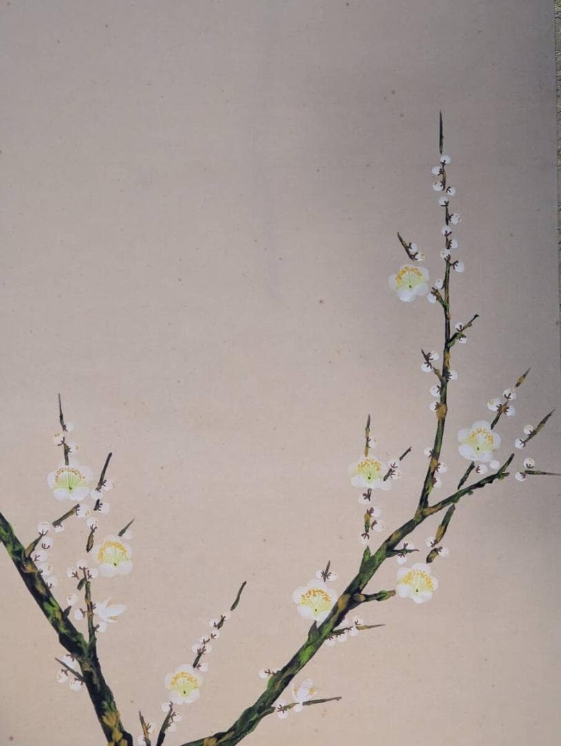 【真作】掛軸　梅に鶯図　紅白梅と小鳥の雅趣あふれる日本画掛軸　V112