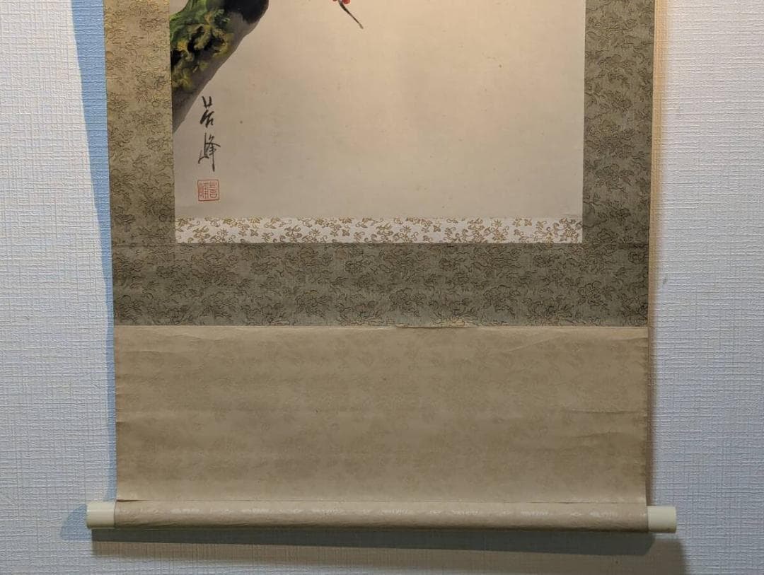 【真作】掛軸　梅に鶯図　紅白梅と小鳥の雅趣あふれる日本画掛軸　V112