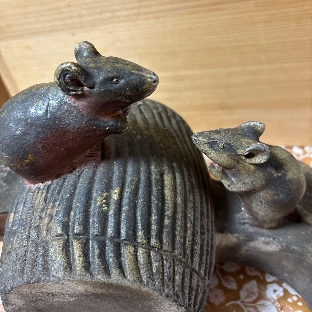 藤原陶臣 備前焼 子置物　打ち出の小槌に鼠