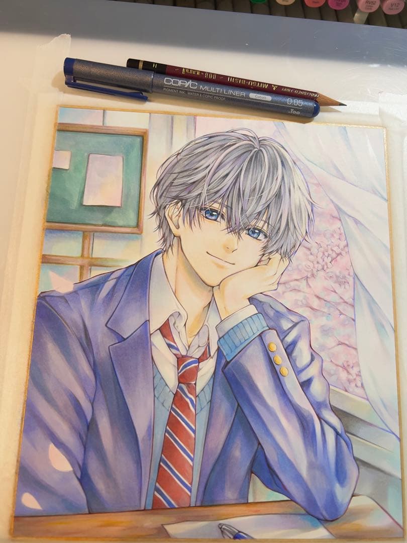 葉*月様 ＊桜舞う教室で＊手描きイラスト＊原画＊男の子＊制服＊色紙＊コピック