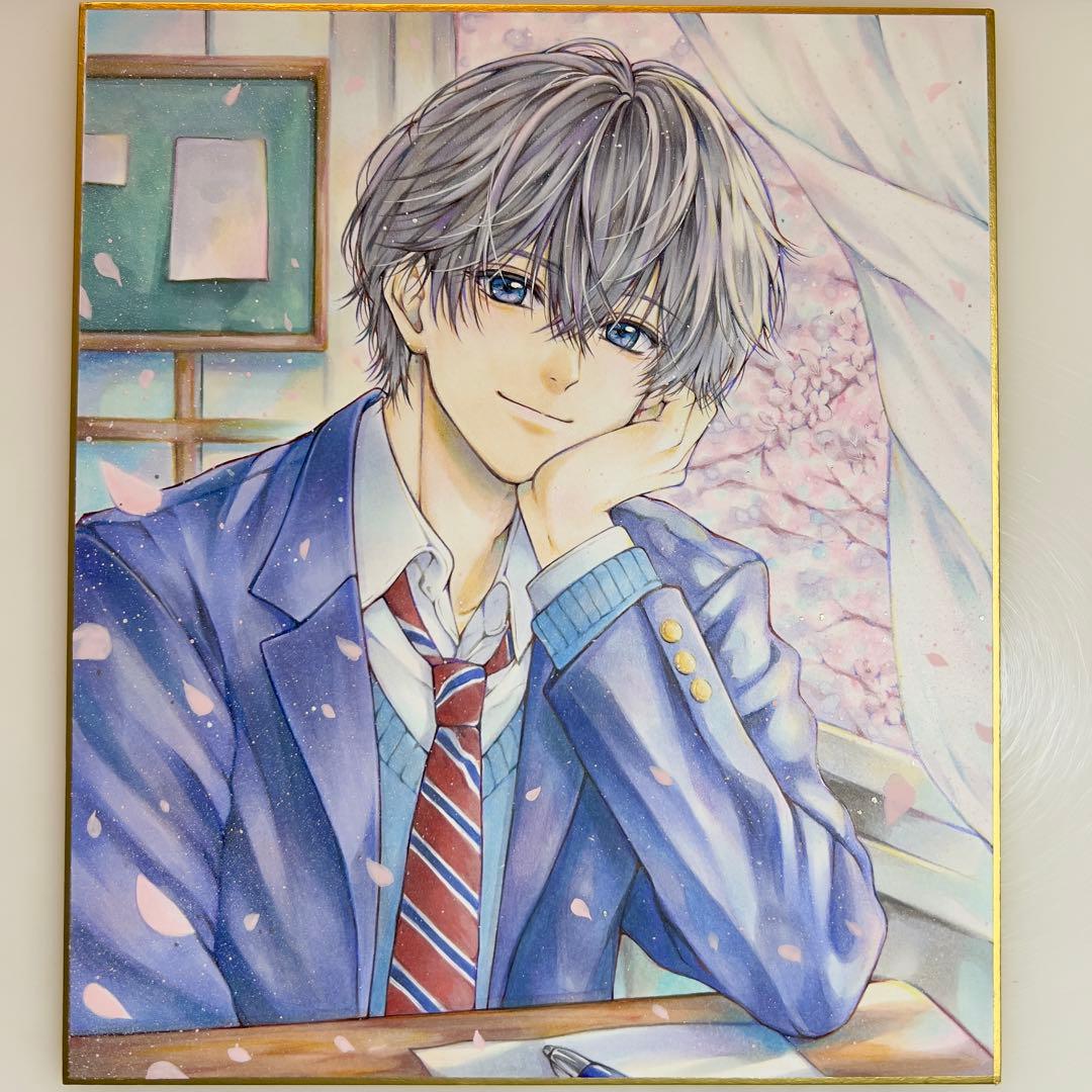 葉*月様 ＊桜舞う教室で＊手描きイラスト＊原画＊男の子＊制服＊色紙＊コピック