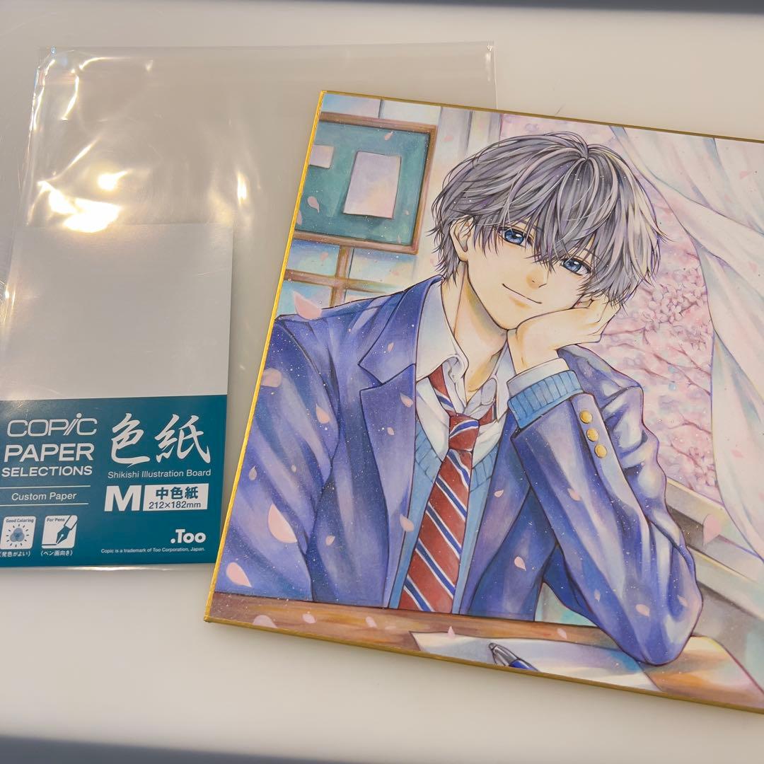 葉*月様 ＊桜舞う教室で＊手描きイラスト＊原画＊男の子＊制服＊色紙＊コピック