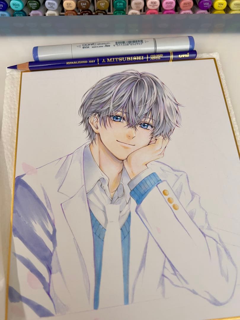 葉*月様 ＊桜舞う教室で＊手描きイラスト＊原画＊男の子＊制服＊色紙＊コピック