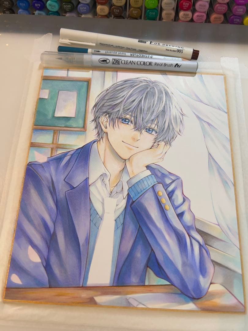 葉*月様 ＊桜舞う教室で＊手描きイラスト＊原画＊男の子＊制服＊色紙＊コピック