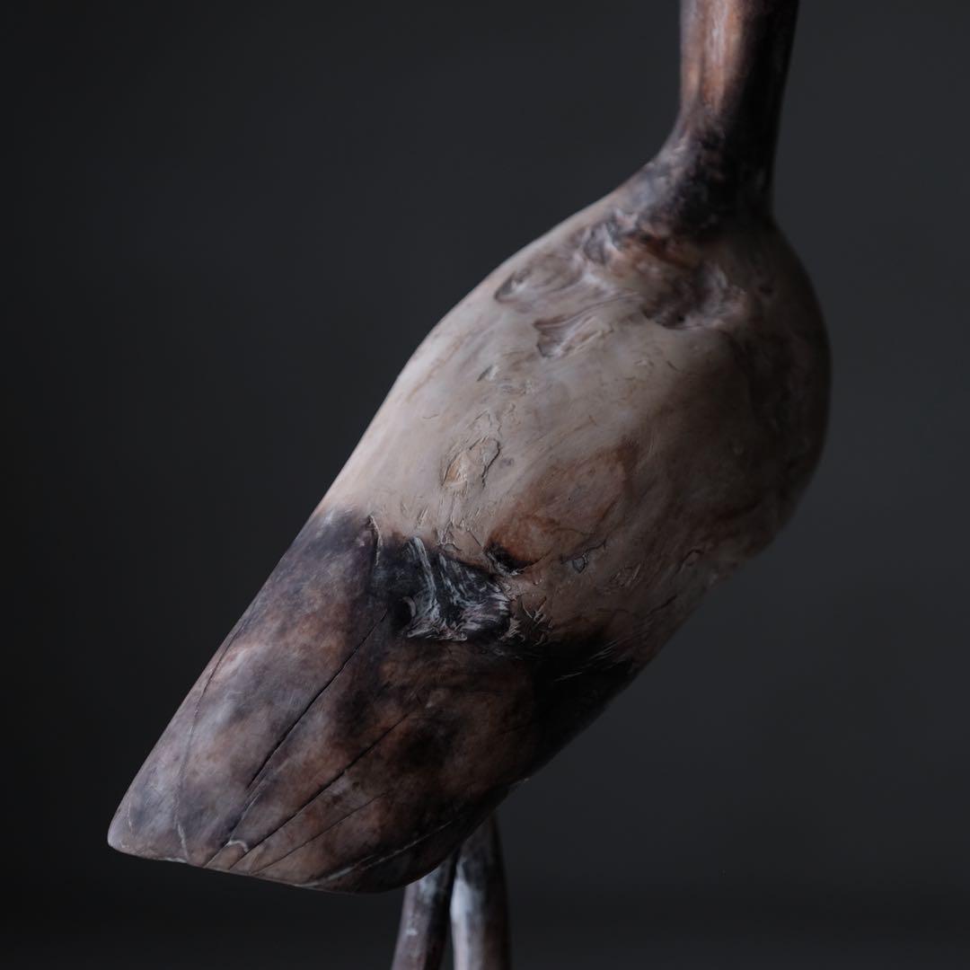 鶴の木彫　木彫り 鳥 枯木 自然木 流木 オブジェ 置物 アート 芸術 古道具