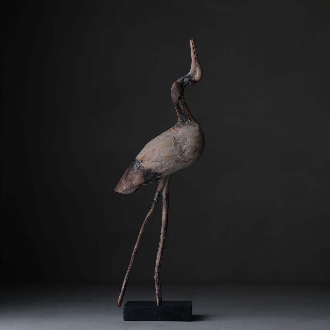 鶴の木彫　木彫り 鳥 枯木 自然木 流木 オブジェ 置物 アート 芸術 古道具