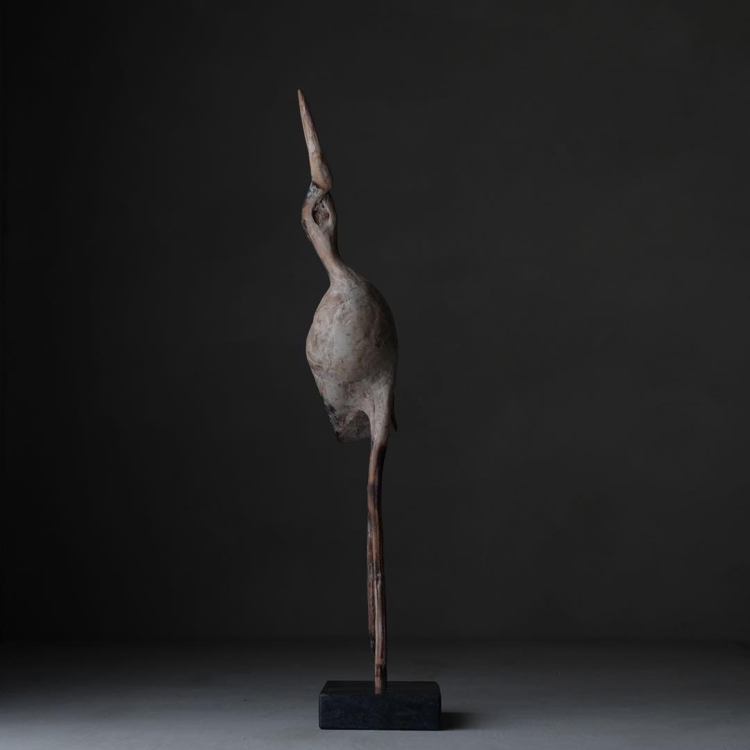 鶴の木彫　木彫り 鳥 枯木 自然木 流木 オブジェ 置物 アート 芸術 古道具