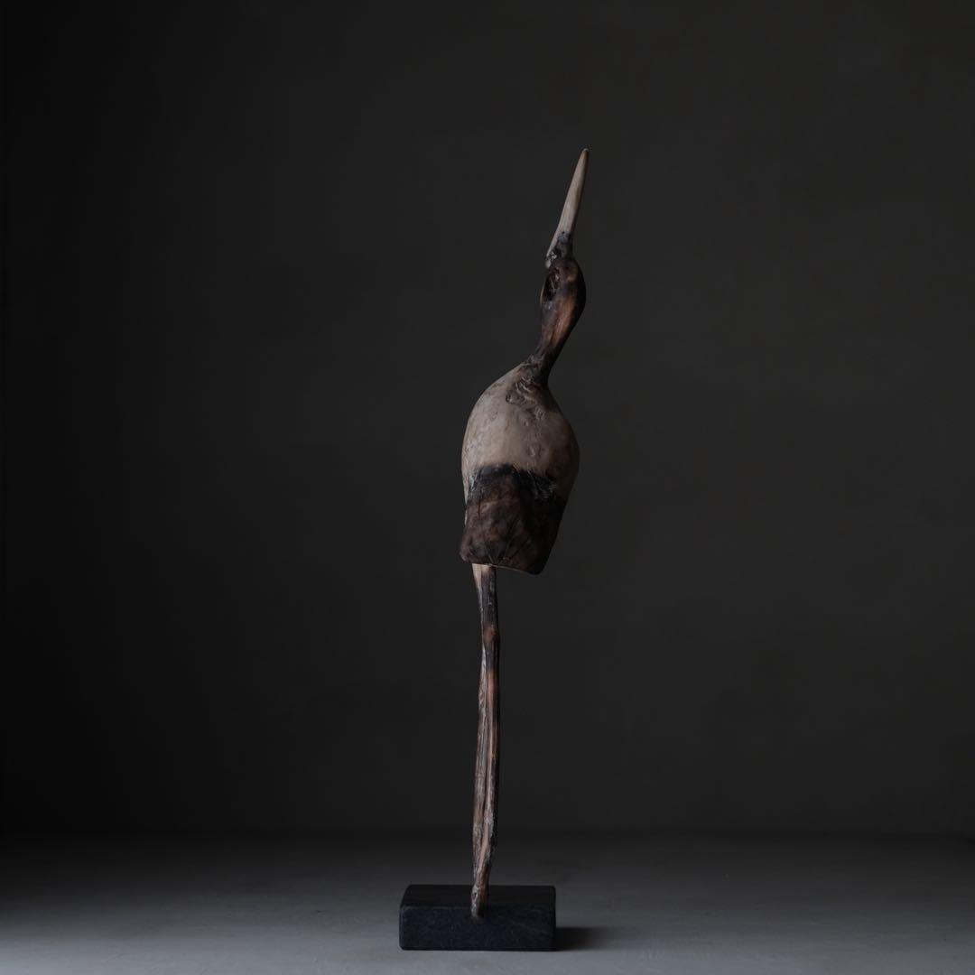 鶴の木彫　木彫り 鳥 枯木 自然木 流木 オブジェ 置物 アート 芸術 古道具