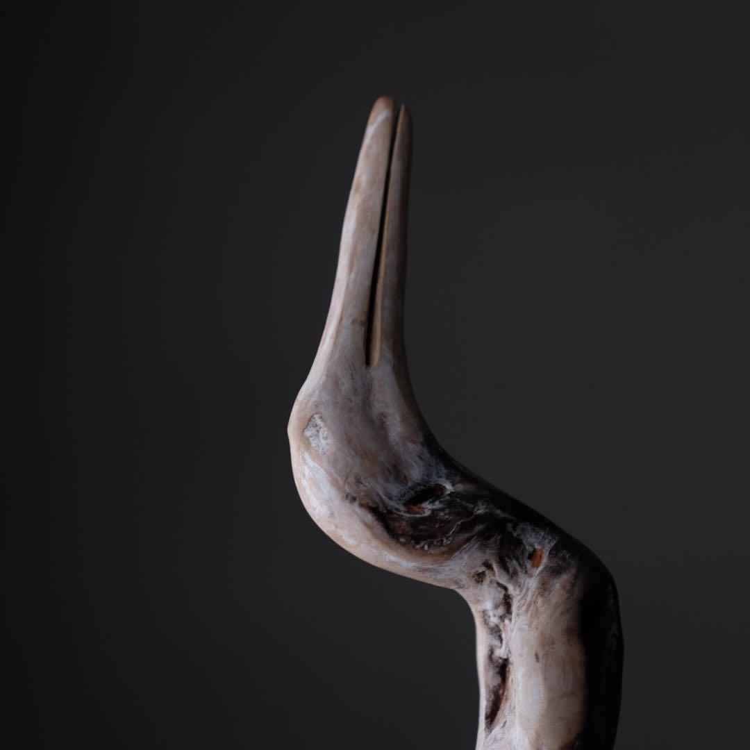 鶴の木彫　木彫り 鳥 枯木 自然木 流木 オブジェ 置物 アート 芸術 古道具