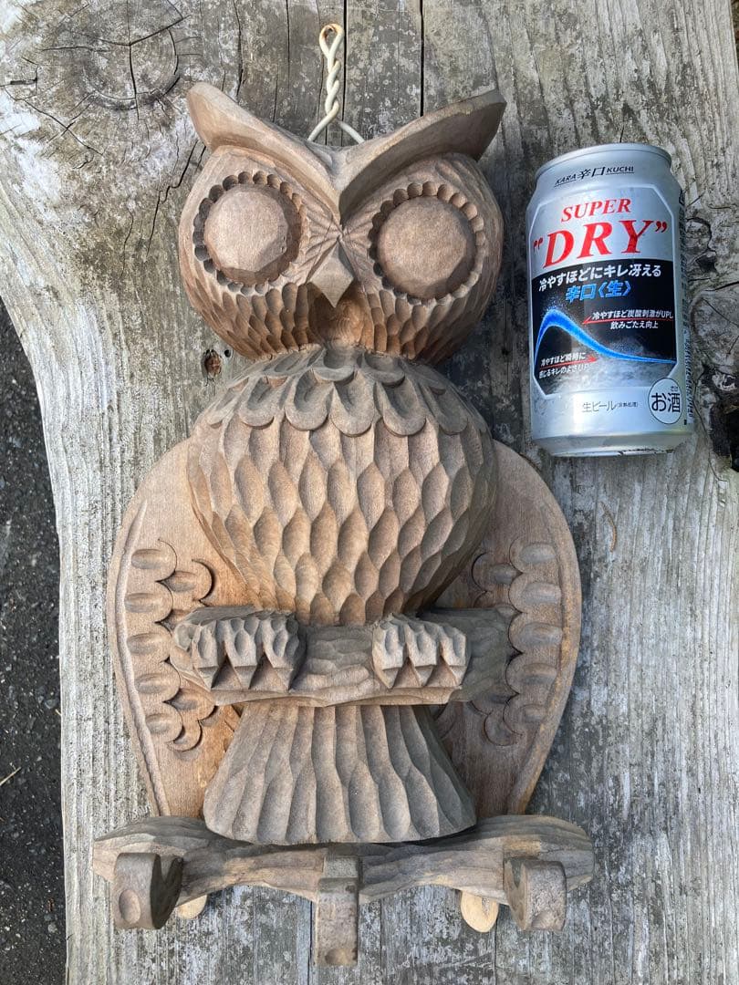 アイヌ　梟　フクロウ　木製　木工　彫刻　ハンガー　北海道　民芸品　高さ38cm