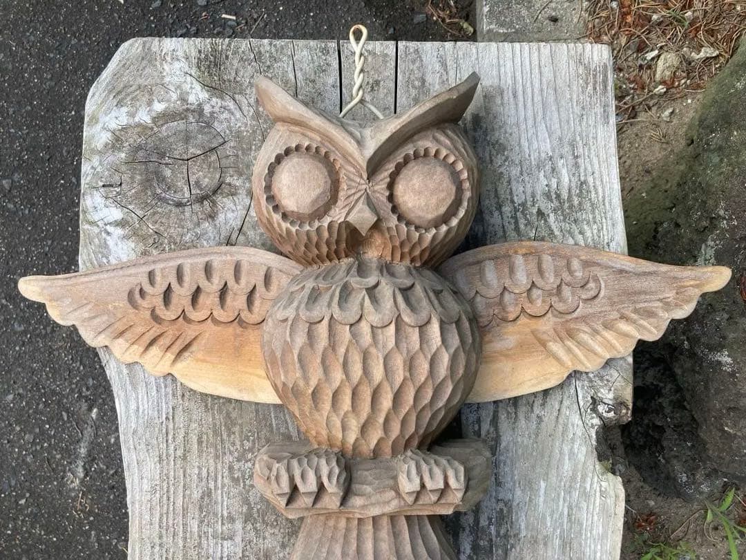 アイヌ　梟　フクロウ　木製　木工　彫刻　ハンガー　北海道　民芸品　高さ38cm
