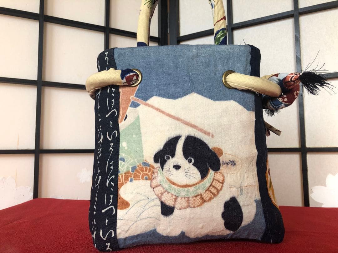 一閑張り　一閑張りバック　戌　狛犬　藍染　古布　可愛い