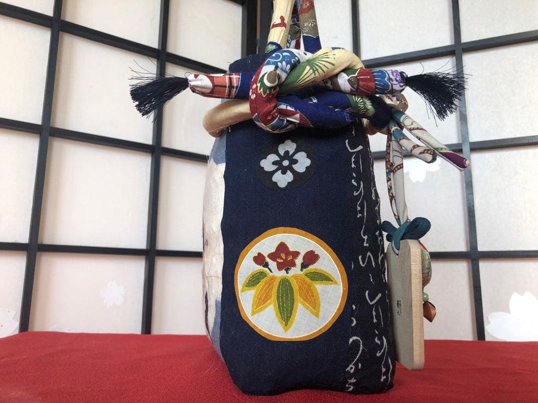 一閑張り　一閑張りバック　戌　狛犬　藍染　古布　可愛い