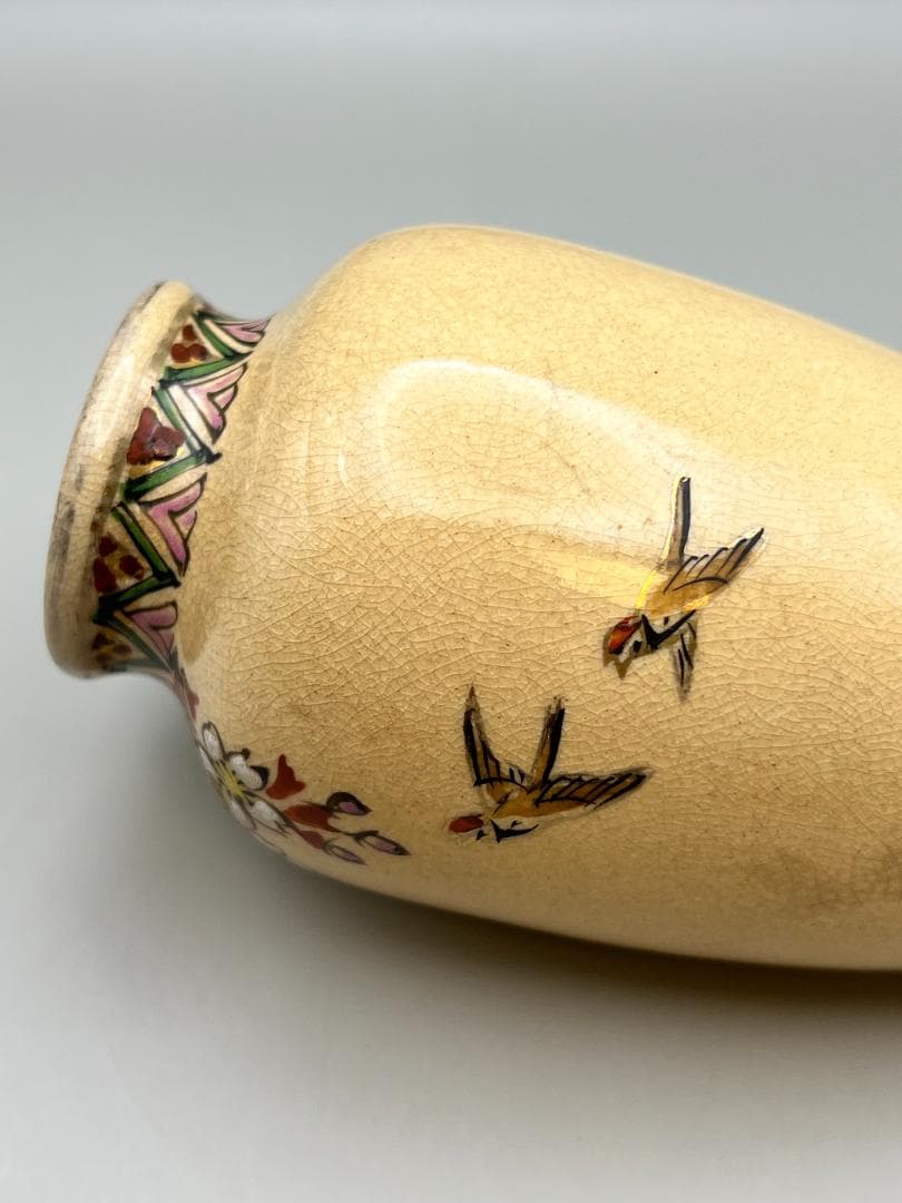 【海】江戸期　白薩摩　花鳥文花瓶　在銘　骨董品　時代品 美術品