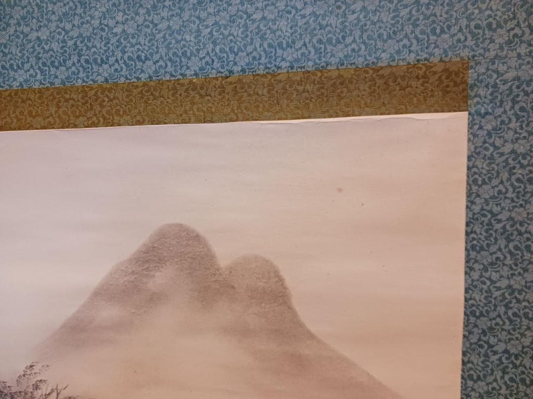 水墨山水画 掛軸 山村風景 滝図 和室床の間