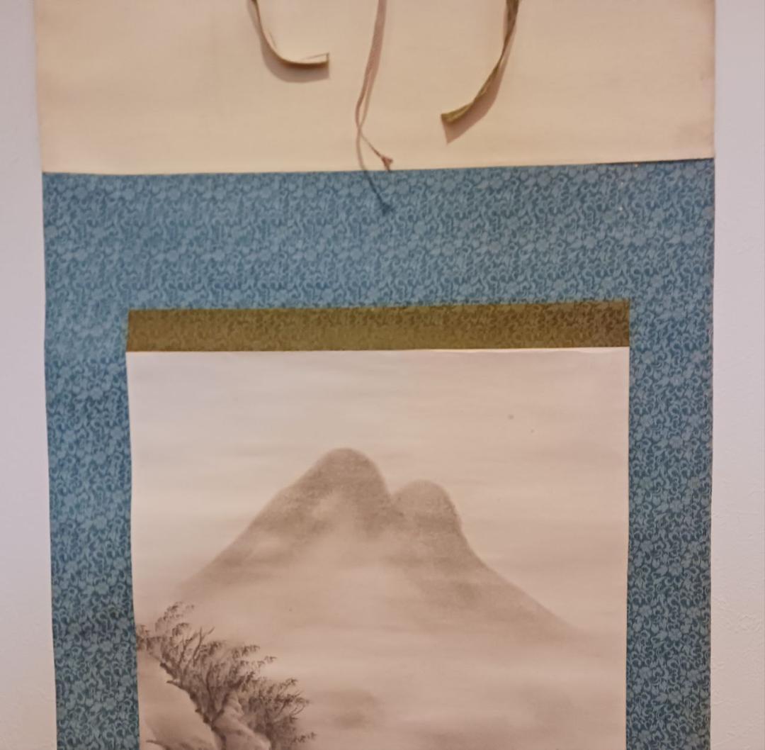 水墨山水画 掛軸 山村風景 滝図 和室床の間