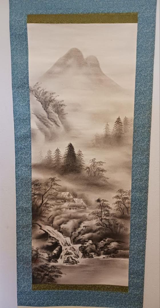 水墨山水画 掛軸 山村風景 滝図 和室床の間