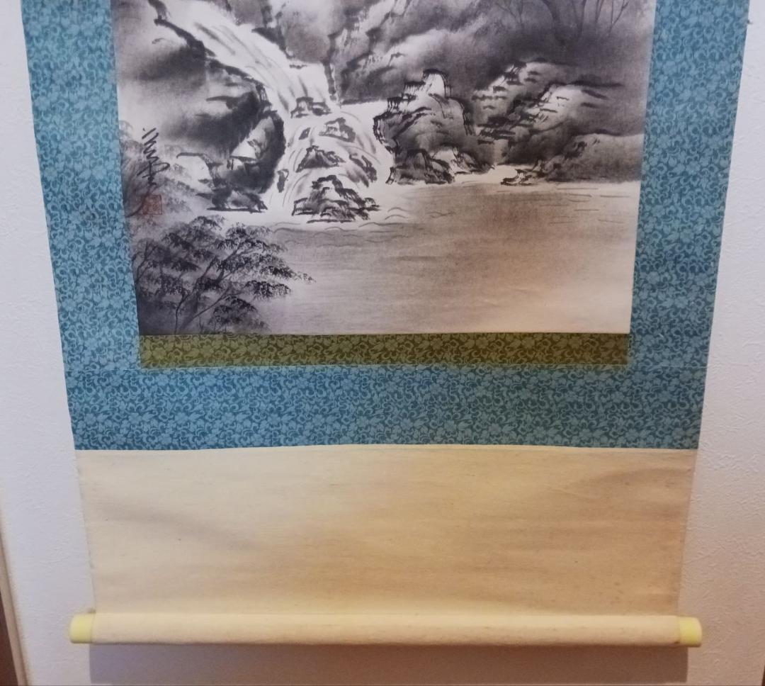 水墨山水画 掛軸 山村風景 滝図 和室床の間