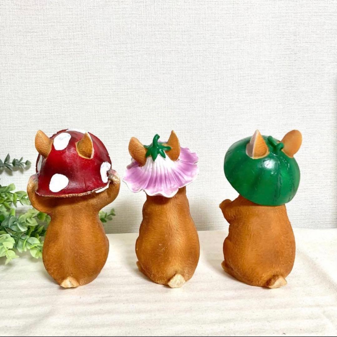 【新品】うさぎ3匹セット　ガーデン雑貨 オブジェ　お花、きのこ、スイカ