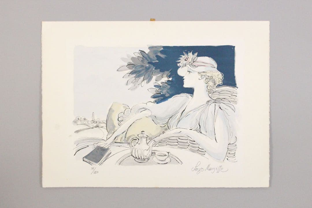 No4831 額装　サージ・マルジス　リトグラフ　「読書のひととき」　送料無料