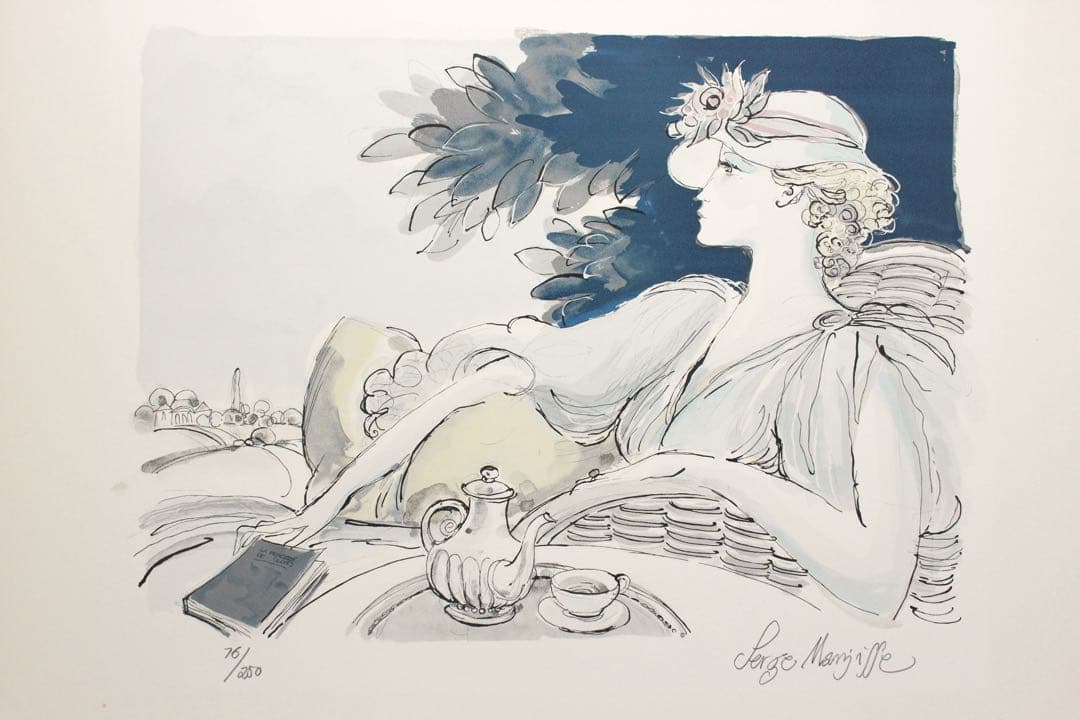 No4831 額装　サージ・マルジス　リトグラフ　「読書のひととき」　送料無料