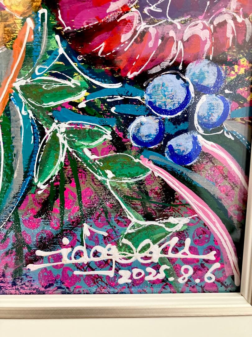 原画　花　額付き　静物画　絵画　アクリル画　現代アート　手描き　一点物