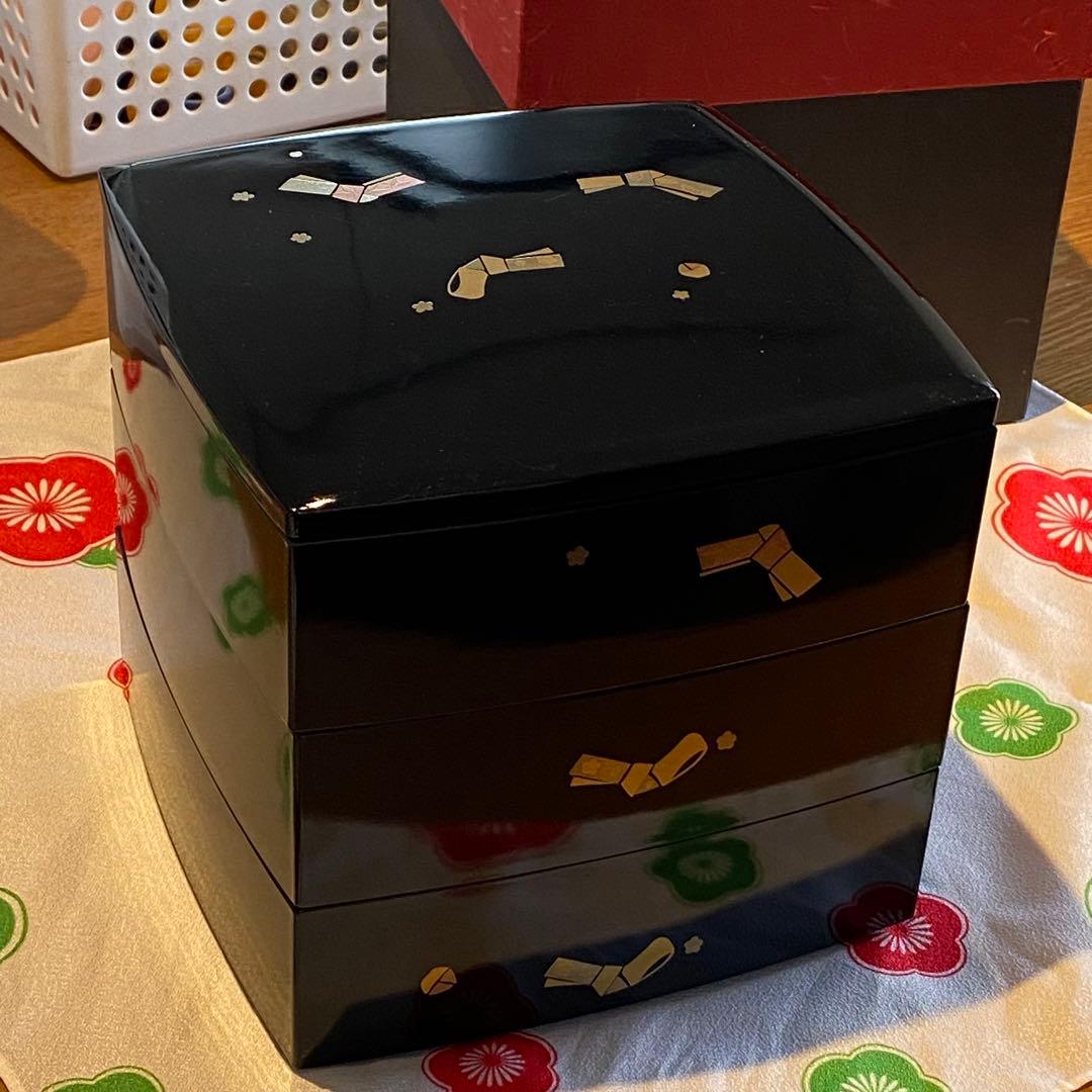 （箱あり）6.5寸 三段重箱 花むすび 合成漆器 ウレタン塗装