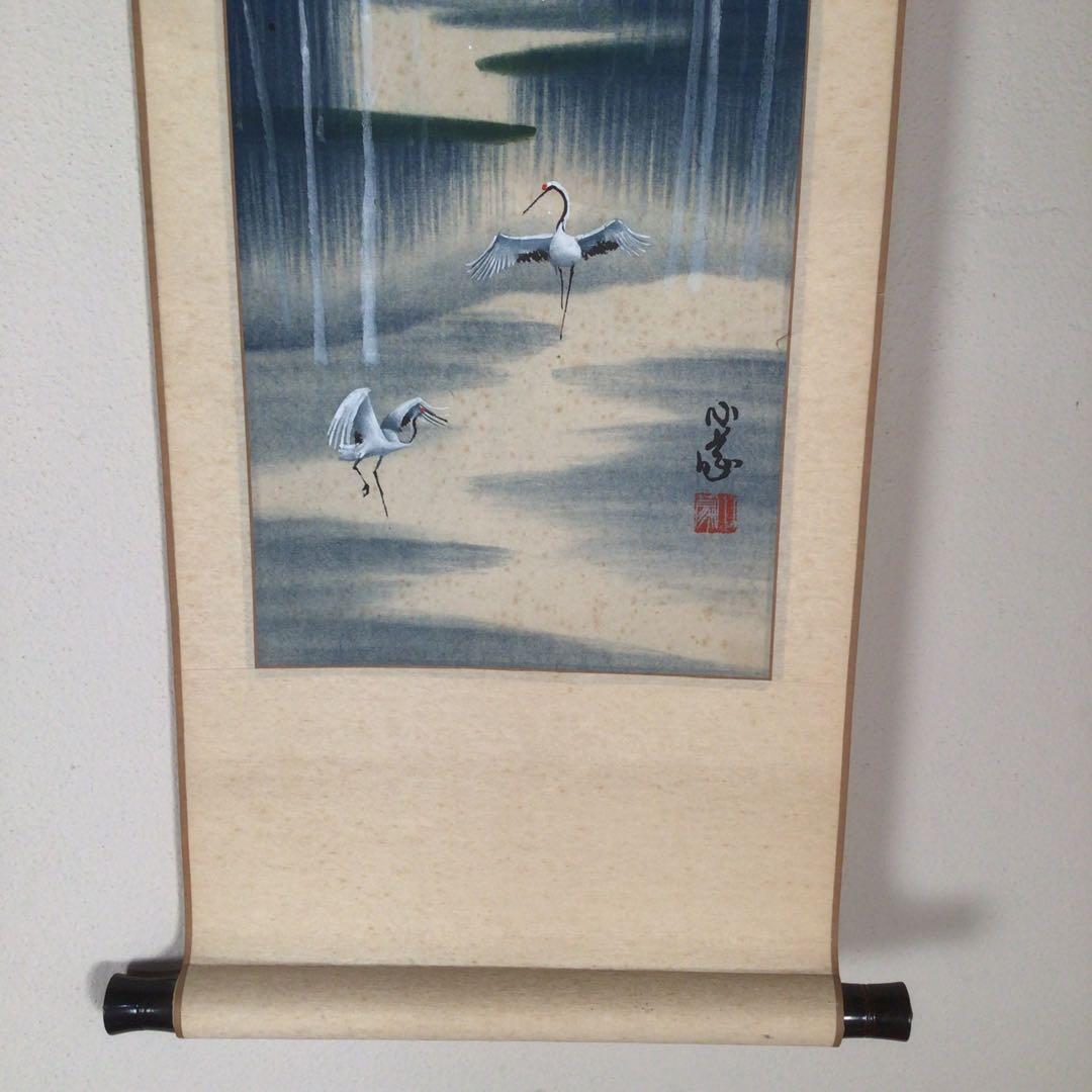 No3305掛軸　中国画家　小蒙　冬景鶴図　紙本　現代中国美術　中国画　送料無料