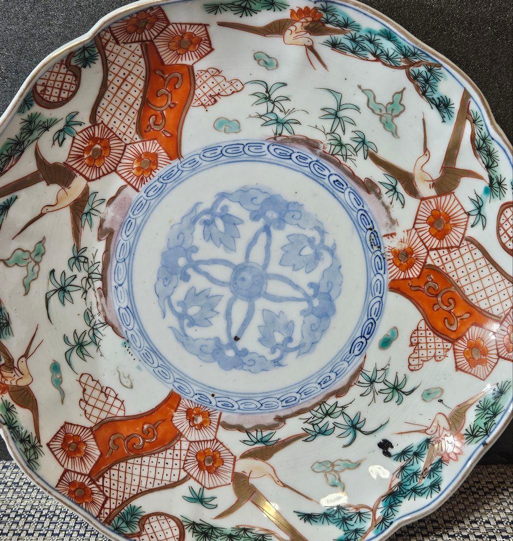 江戸時代末期～明治時代　錦手　金彩色絵　松鶴図　金彩赤絵亀甲文　21.8cm皿