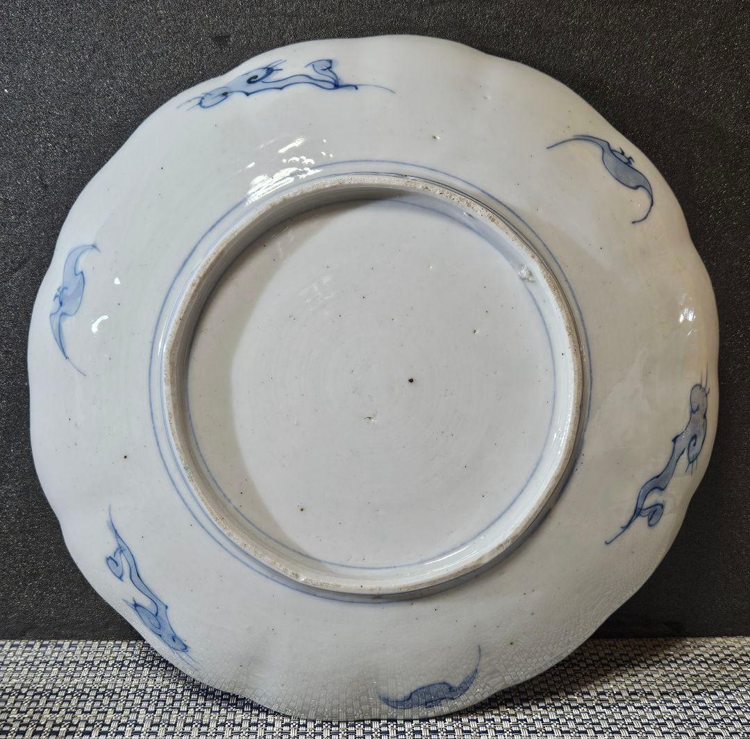 江戸時代末期～明治時代　錦手　金彩色絵　松鶴図　金彩赤絵亀甲文　21.8cm皿