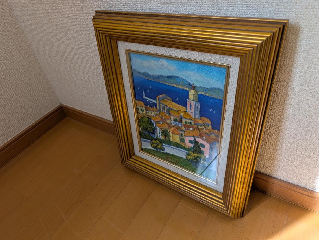 S.Miyata サイン入 油彩画 風景画 海辺の街並み 額装 インテリア