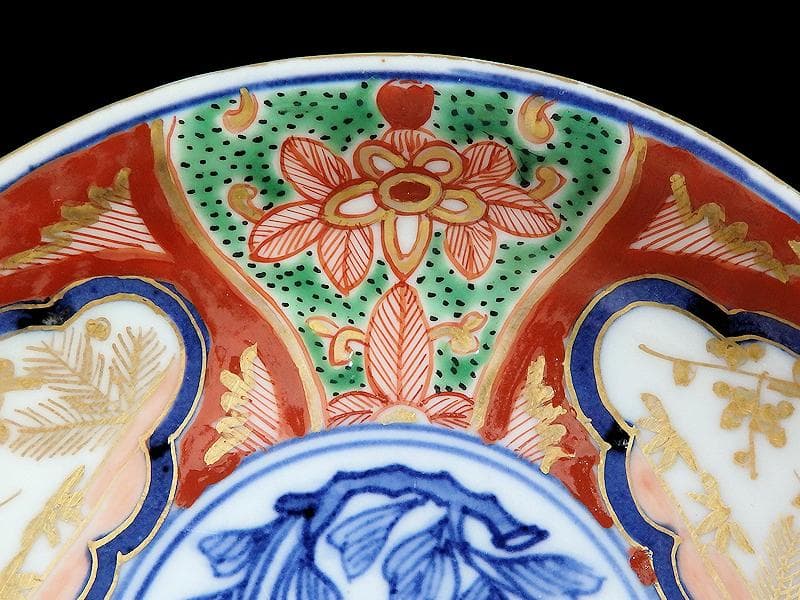 大聖寺伊万里　金襴手　窓絵　松竹梅に牡丹の図　４寸皿　３枚　D640AS-CEi