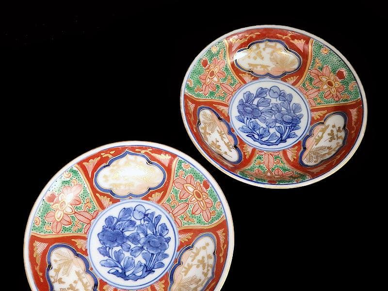 大聖寺伊万里　金襴手　窓絵　松竹梅に牡丹の図　４寸皿　３枚　D640AS-CEi