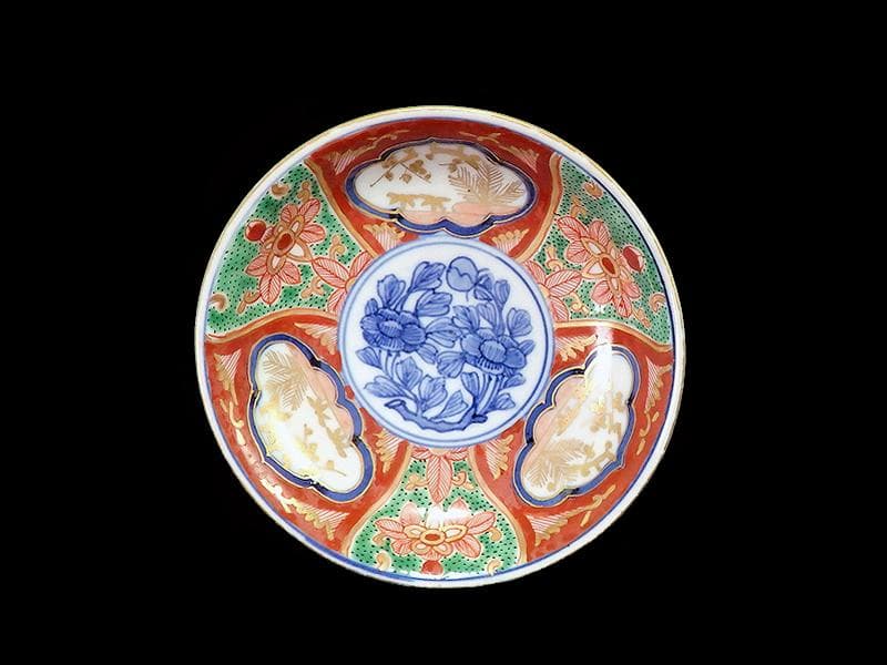 大聖寺伊万里　金襴手　窓絵　松竹梅に牡丹の図　４寸皿　３枚　D640AS-CEi