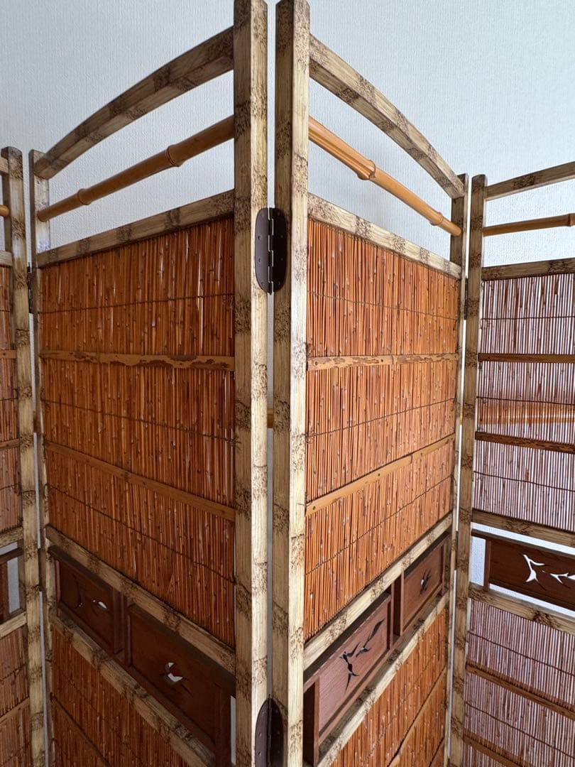 昭和レトロ 4連 衝立 パーテーション 透かし彫り 古道具