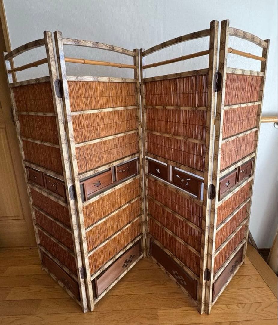 昭和レトロ 4連 衝立 パーテーション 透かし彫り 古道具