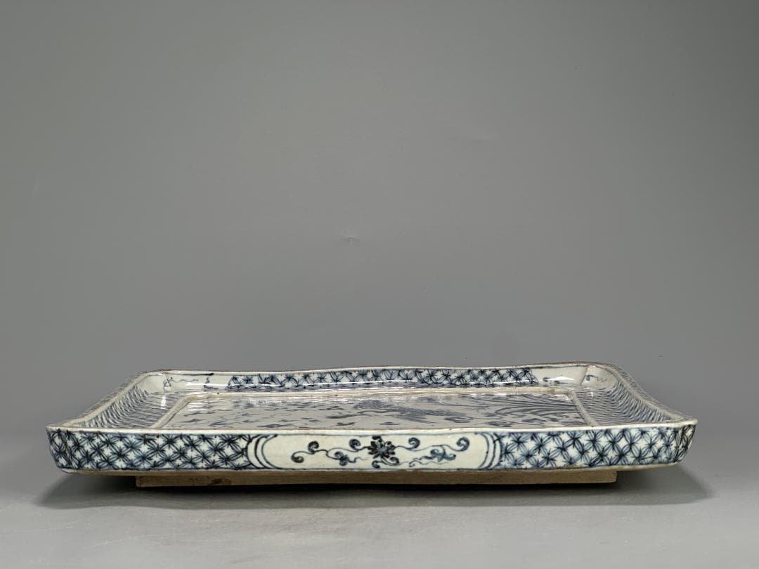 3.3-1中国美術　古越国　安南　青花鳳凰文四方盤　染付皿　時代皿　古物　唐物