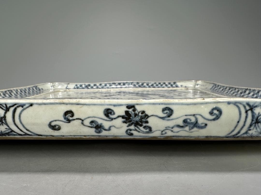 3.3-1中国美術　古越国　安南　青花鳳凰文四方盤　染付皿　時代皿　古物　唐物