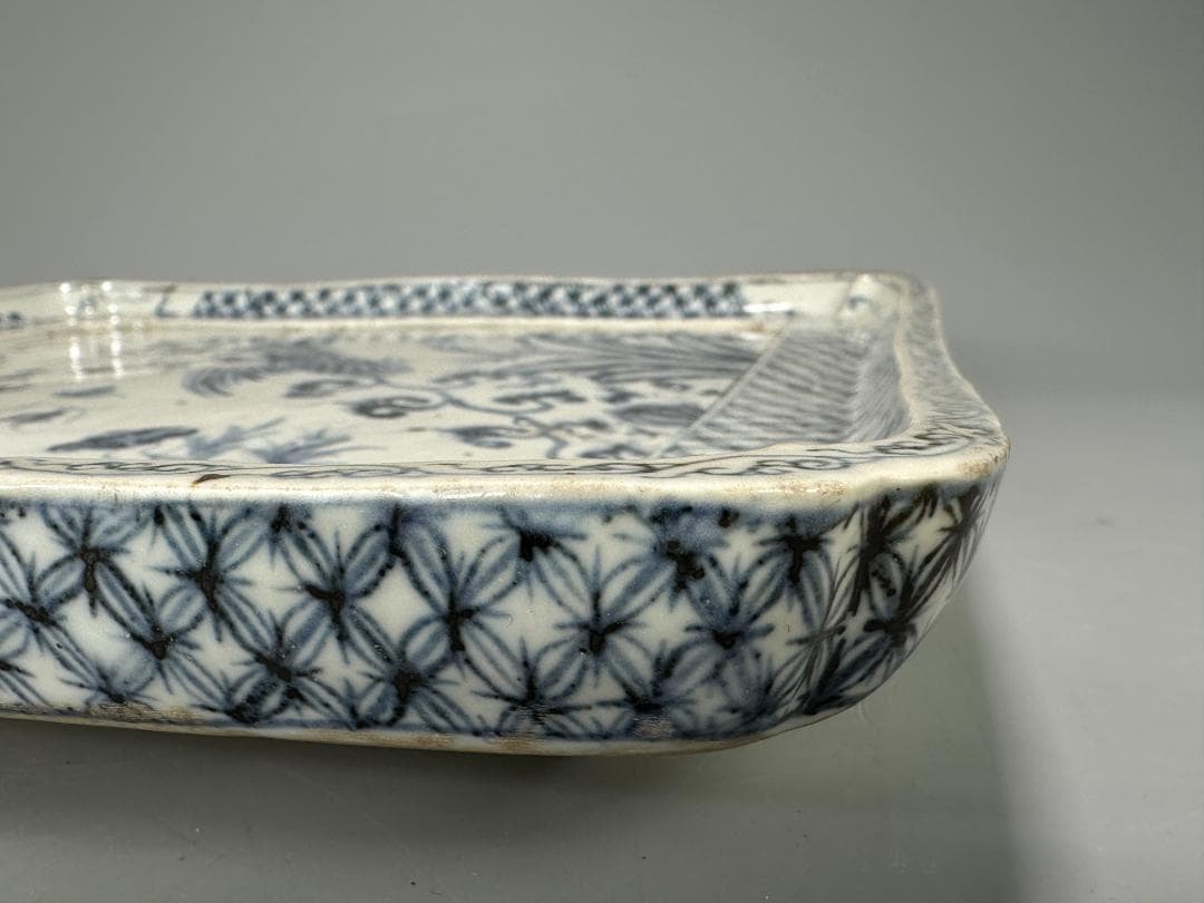 3.3-1中国美術　古越国　安南　青花鳳凰文四方盤　染付皿　時代皿　古物　唐物