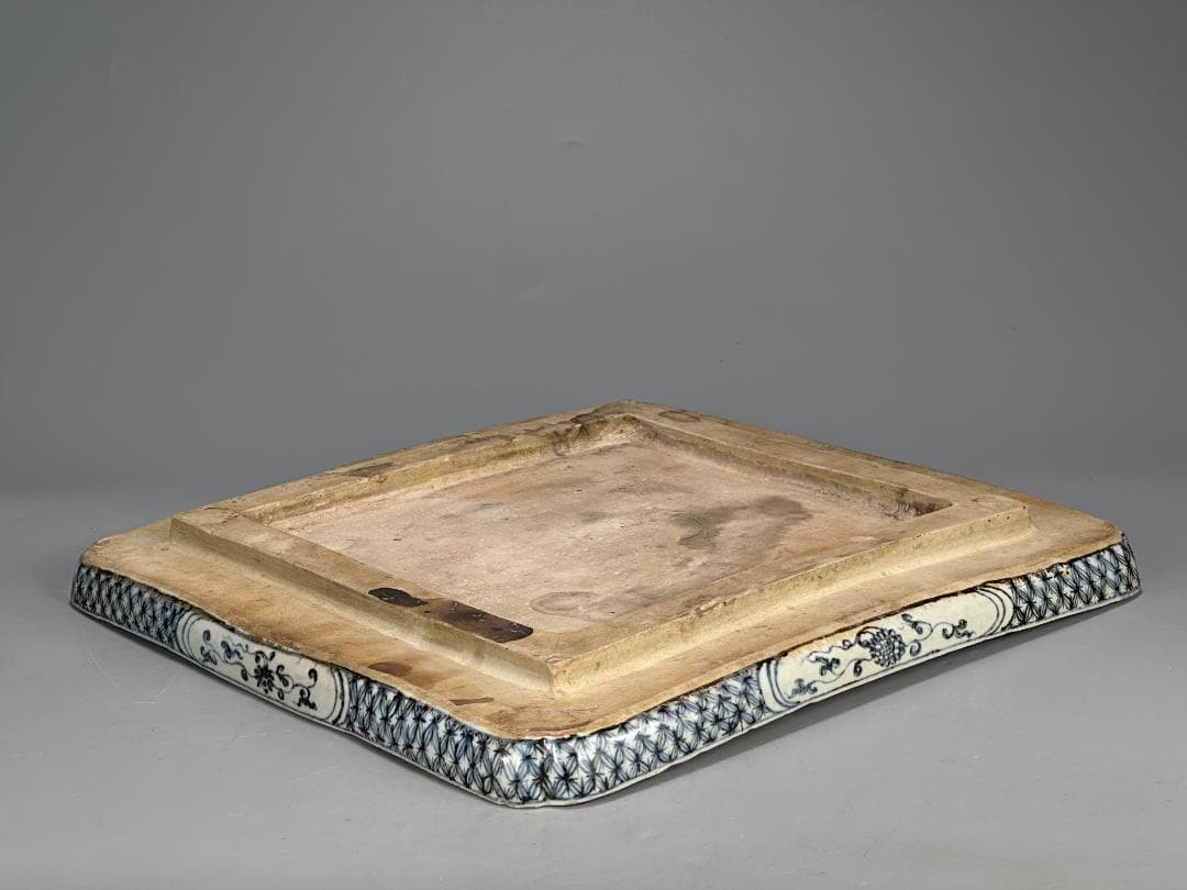 3.3-1中国美術　古越国　安南　青花鳳凰文四方盤　染付皿　時代皿　古物　唐物