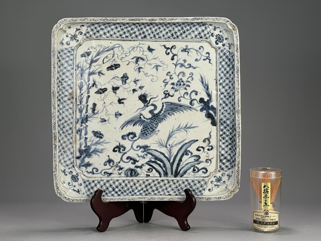 3.3-1中国美術　古越国　安南　青花鳳凰文四方盤　染付皿　時代皿　古物　唐物
