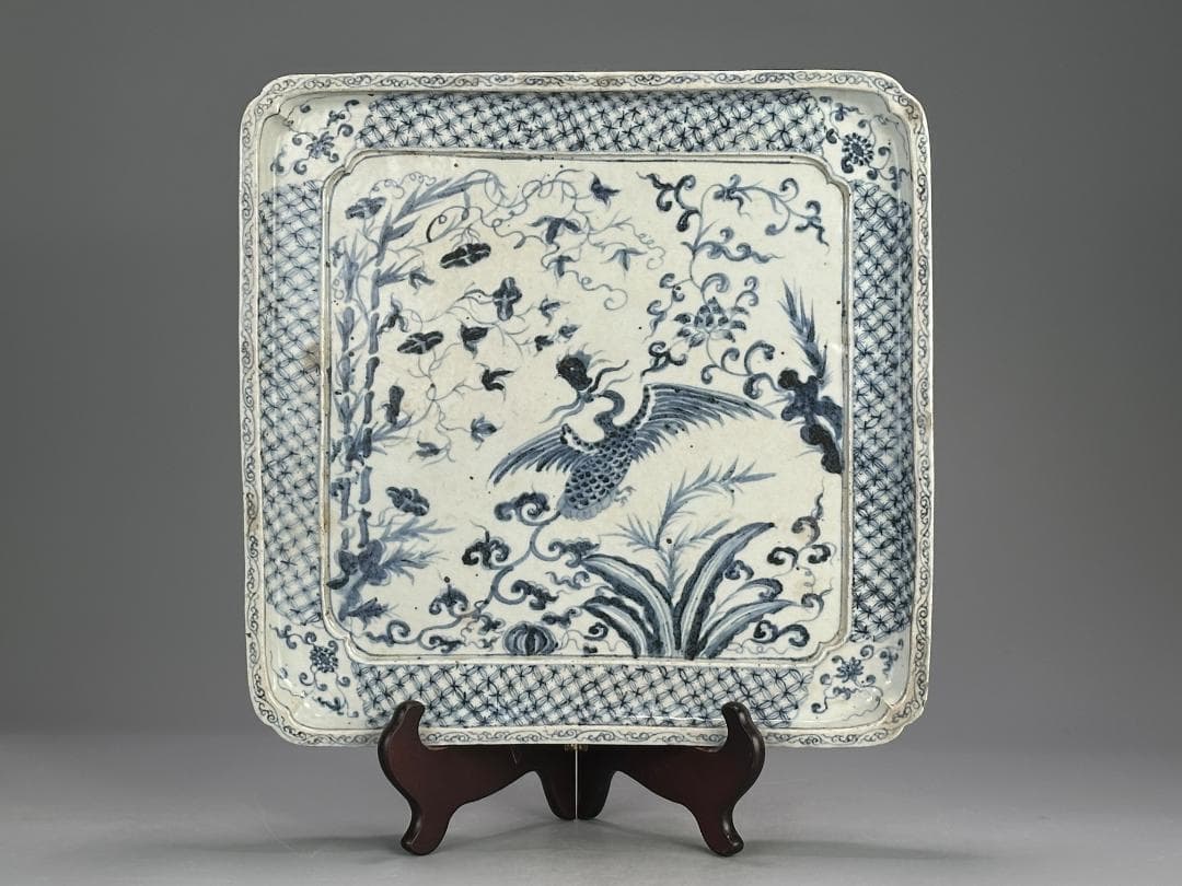 3.3-1中国美術　古越国　安南　青花鳳凰文四方盤　染付皿　時代皿　古物　唐物