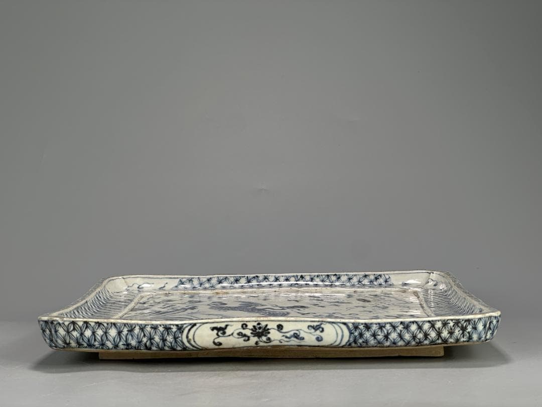 3.3-1中国美術　古越国　安南　青花鳳凰文四方盤　染付皿　時代皿　古物　唐物