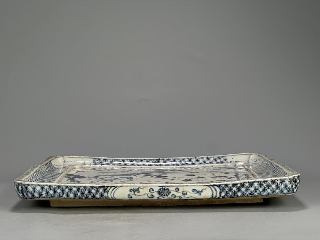 3.3-1中国美術　古越国　安南　青花鳳凰文四方盤　染付皿　時代皿　古物　唐物