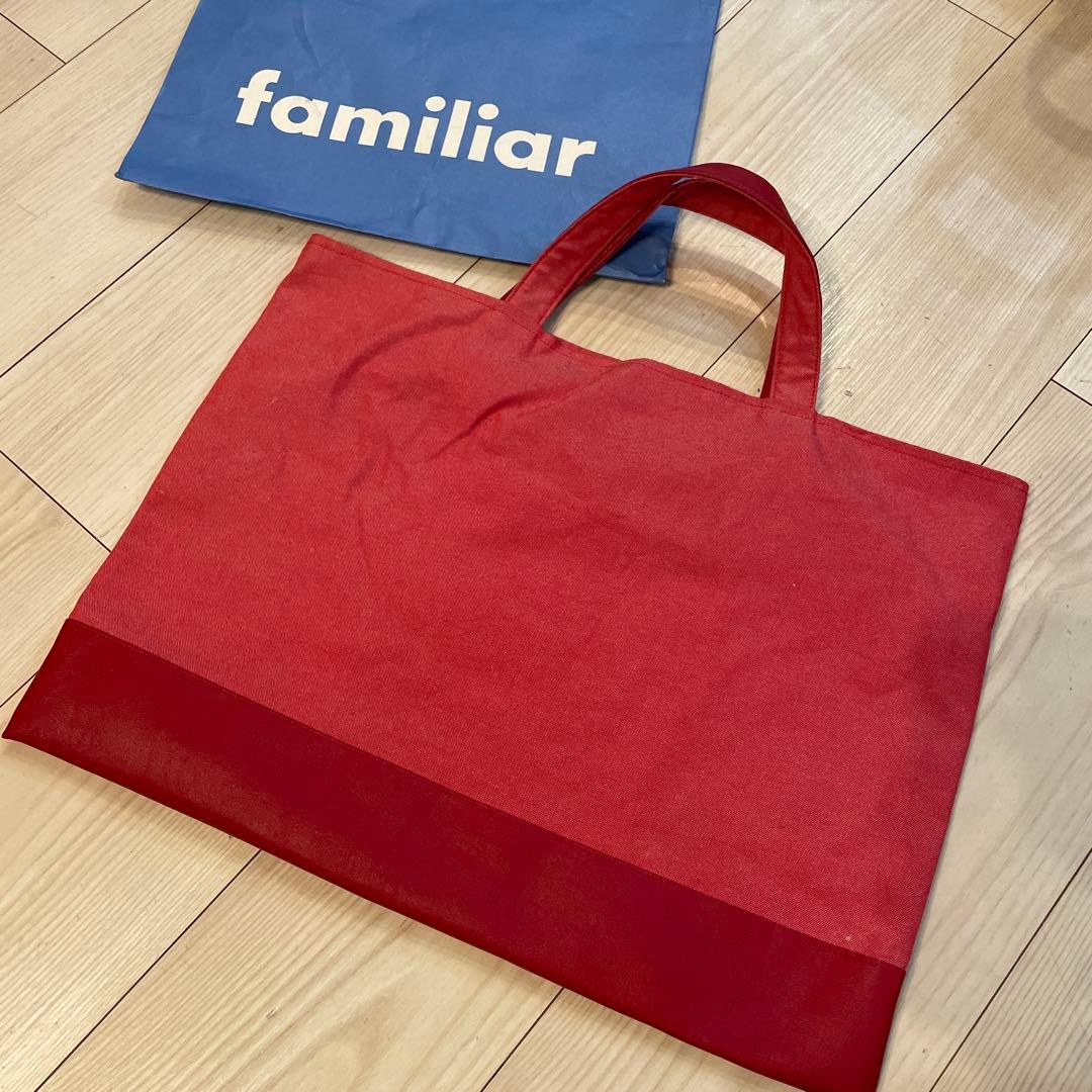 familiar 赤い手提げバッグ 子供と猫の刺繍