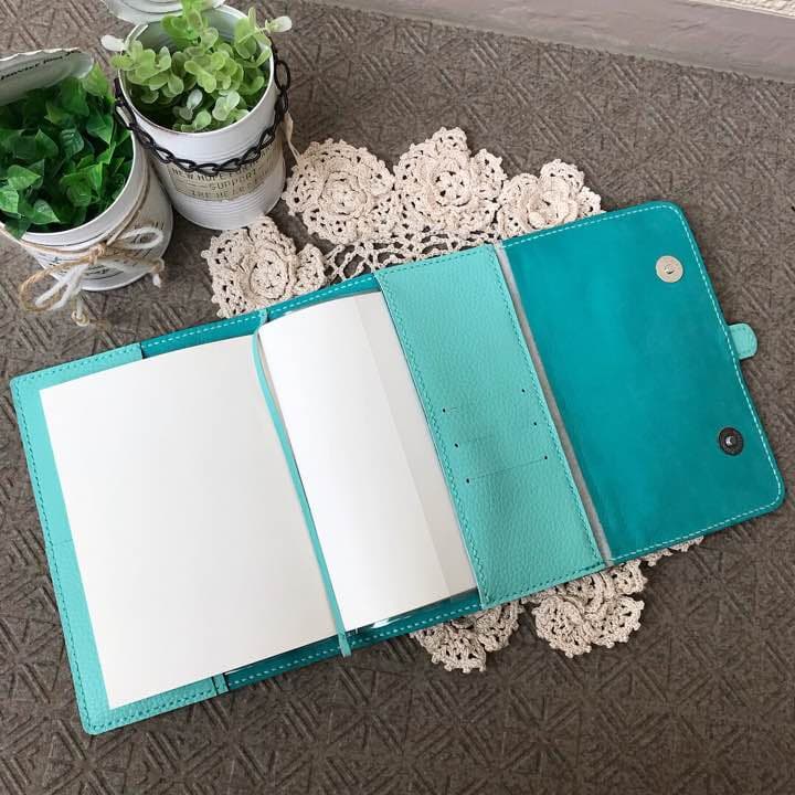 牛革 ミントブルー ペンケース 付き 手帳カバー フルカバー ティファニーブルー